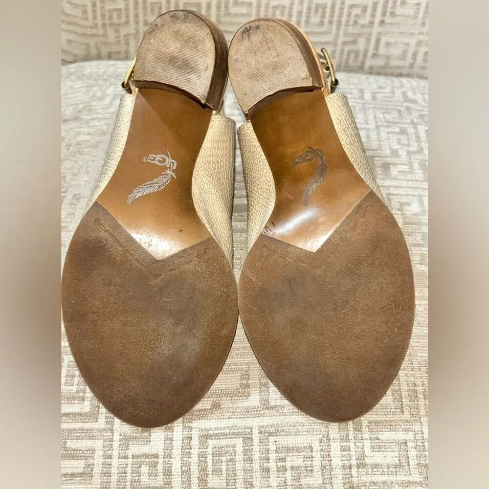 UGG Leather Peep-Toe Heels Size 8.5  Audrey Exotic Embossed Leather Cream